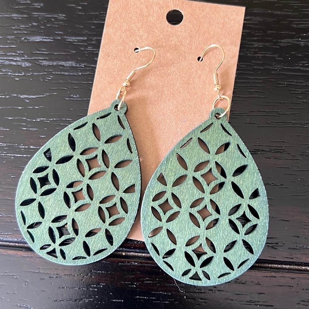 Green wooden laser cut earrings-NWT